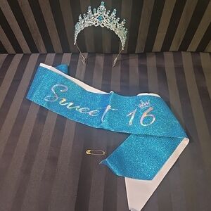 Sweet 16 Glitter Sash & Tiara Blue Silver With Safety Pin